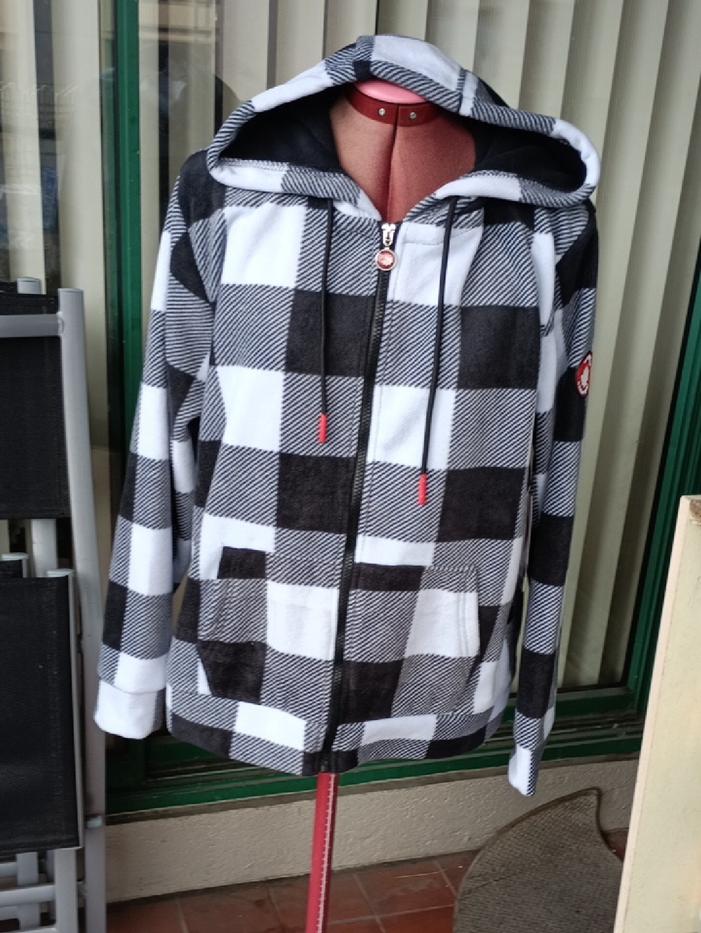 Womens Black & White Plaid Hooded Bomber Jacket